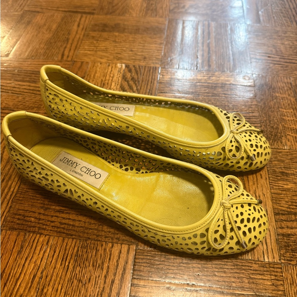 Jimmy Choo Yellow Laser-Cut Bow Ballet Flats